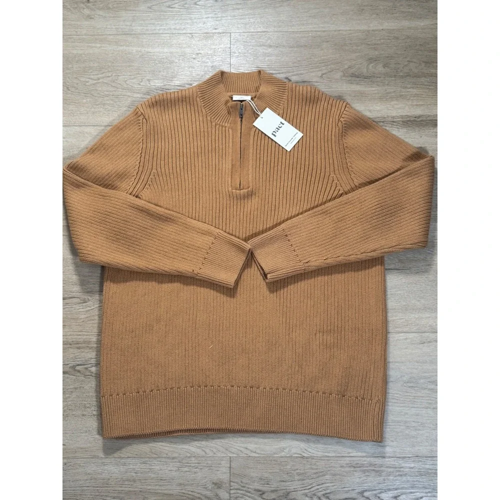 Pact Organic Cotton Quarter Zip Ribbed Sweater Mens XL Camel Brown New